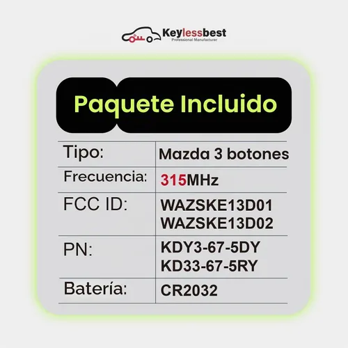 Vista 3 de Repuesto para Mazda 3 CX3 CX5 Speed3 Control remoto WAZSKE13D01 3 2012 2013 2014 2015 2016 2017 2018 3 botones 315MHz