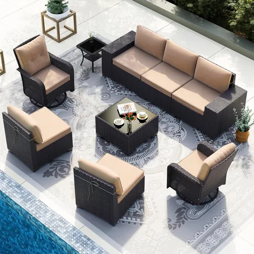 Vista 34 de Gotland Juego de muebles de patio de 6 piezas con 1 mesa auxiliar, 5 plazas de ratán seccional para exteriores con reposabrazos anchos de 29.5 Gris