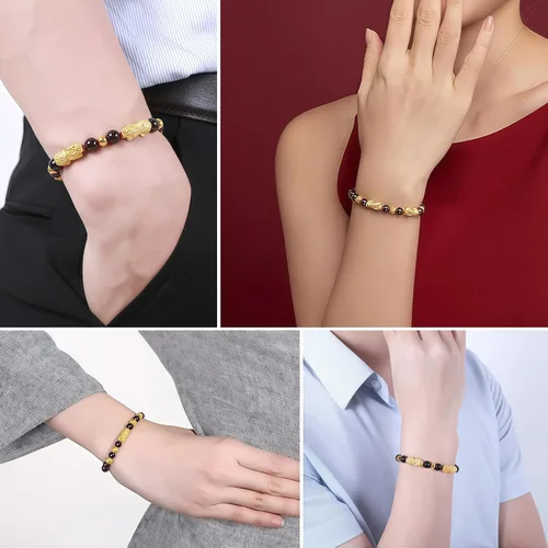 Vista 5 de 3 pulseras Feng Shui Pixiu de la buena suerte para mujeres y hombres, juego de pulseras de la suerte que atraen riqueza, dinero y fortuna, piedras