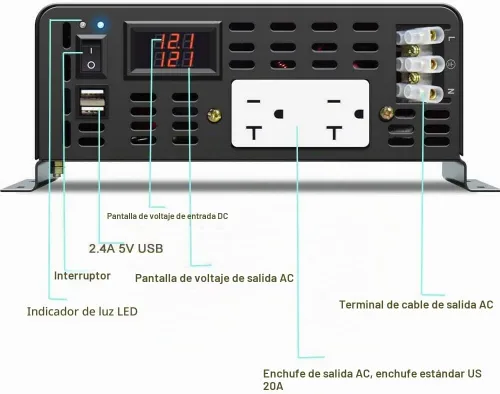 Vista 2 de Inversor de corriente de onda sinusoidal pura de 5000 W, 12 V CC a 120 VCA, 10 KW, arranque suave integrado, 2 salidas de CA duales, puerto USB