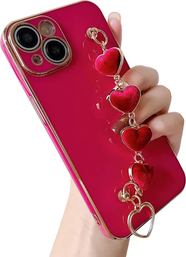 Vista 8 de Caseative Funda para iPhone 13 Pro Max, correa de muñeca con corazón chapado en amor, pulsera de cadena, funda suave para mujeres y niñas