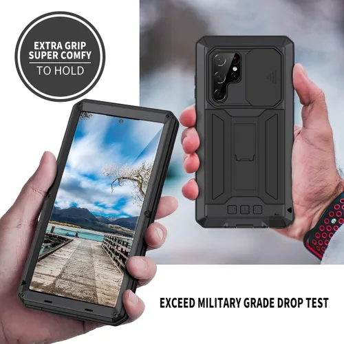Vista 5 de Funda resistente para Samsung Galaxy S22 5G 2022 con protector de pantalla y función atril para cámara Samsung S22, de metal militar, a prueba