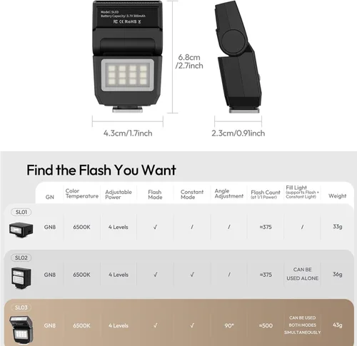 Vista 6 de ULANZI SL03 - Flash Speedlite Mini para Cámara con Luz de Vídeo para Principiantes Básico, GN8 6500K, Ángulo Ajustable de 90°, Compatible con DSLR
