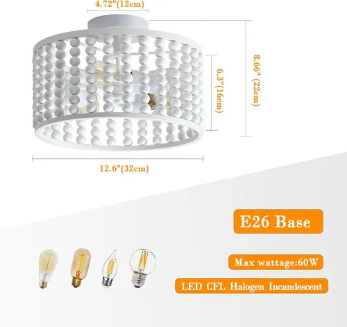 Vista 3 de tewei Candelabro de Cuentas de Madera, Accesorio de Luz de Techo Semi Empotrado Estilo Boho para Cuarto de Bebé, Candelabro Rústico de 3 Luces
