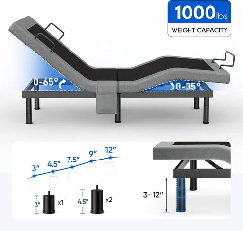 Vista 8 de Base de cama ajustable individual XL con masaje, base de cama eléctrica con patas ajustables, puertos USB, control remoto inalámbrico, gravedad cero