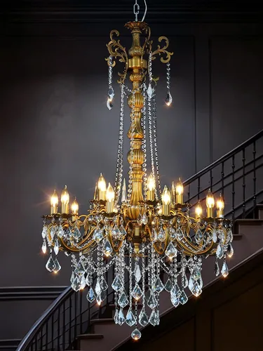 Vista 9 de Candelabros de cristal de bronce antiguo de lujo con lámpara colgante de vela, lámpara de techo de 6 luces de cristal dorado para comedor, sala