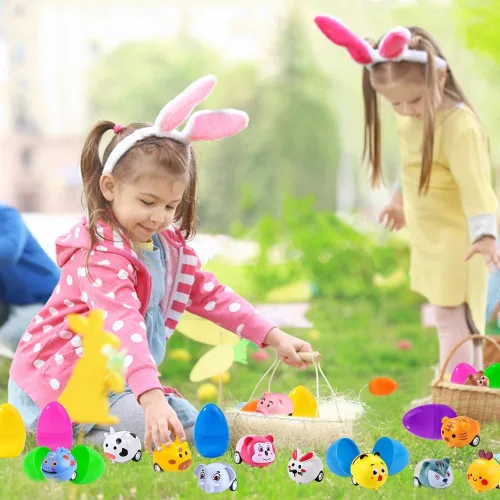 Vista 7 de DIYDEC 12 huevos de Pascua precargados con juguetes de auto para tirar hacia atrás, coloridos mini autos de carreras, regalos para niños, regalos