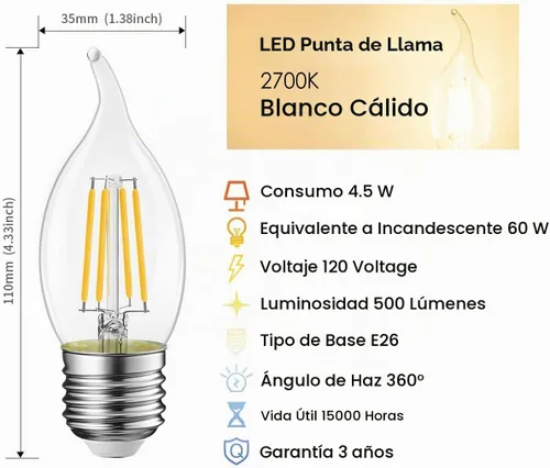 Vista 3 de LVWIT Bombilla LED de filamento con punta de llama, candelabro E26, base regulable 4.5 W (equivalente a 60 W) B11, 2700 K, blanco cálido, paquete