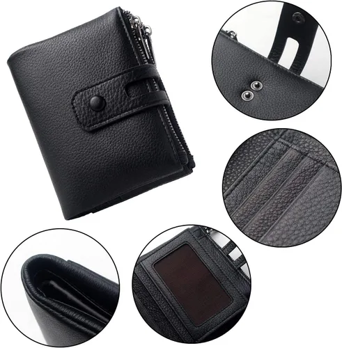 Vista 7 de Bveyzi Cartera pequeña de cuero suave para mujer, con bloqueo RFID, tarjetero con doble bolsillo con cremallera