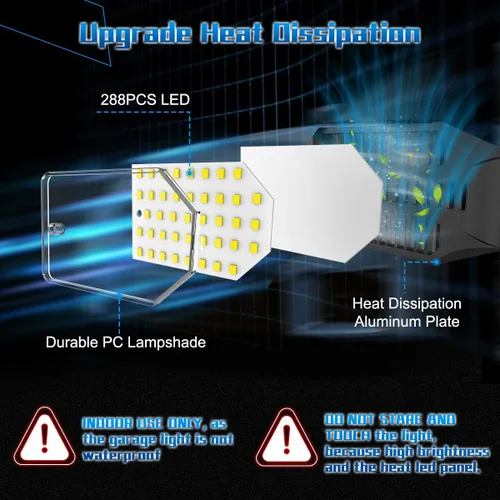 Vista 4 de Luz de Garaje – Bombilla de garaje súper brillante de 15000LM, equivalente a 150 W, rosca E26 con 6 paneles deformables, 6500K, luces LED de taller