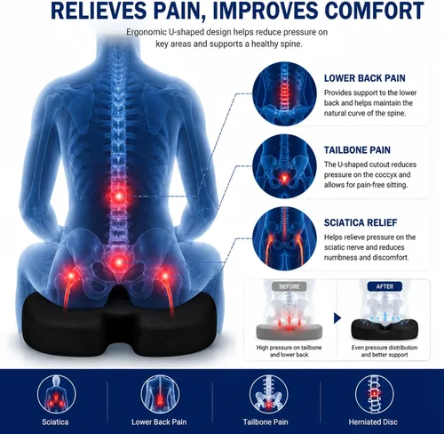 Vista 5 de Cojín de asiento para sentarse de forma prolongada, cojín de espuma viscoelástica de gel refrescante, espalda, ciática, coxis, alivio del dolor