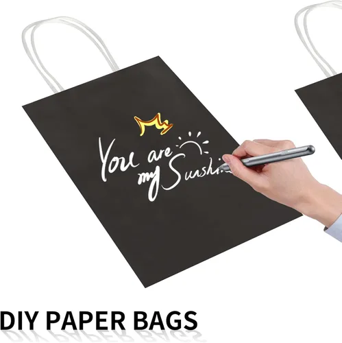 Vista 5 de Toovip Paquete de 50 bolsas pequeñas de papel kraft negro de 5.25 x 3.25 x 8.25 pulgadas con asas a granel, bolsas de regalo para regalos