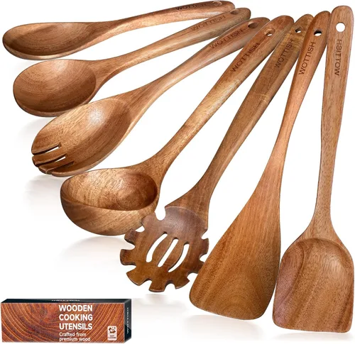 Vista 17 de Cucharas de madera para cocinar, juego de utensilios de cocina de madera, juego de 10 piezas de utensilios de cocina de madera con cucharas