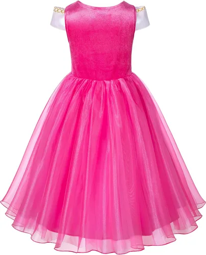 Vista 4 de Vestido de princesa rosa para niñas, vestido de belleza durmiente con accesorios Sleeping Beauty Costume for Birthday, Halloween, Trick or Trea
