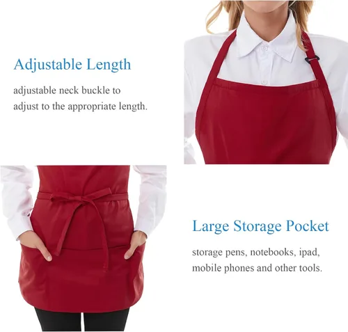 Vista 4 de Delantales de chef para mujer con 3 bolsillos, delantal de trabajo de cocina para cocinar, delantal corto de algodón para barbacoa con cinturón