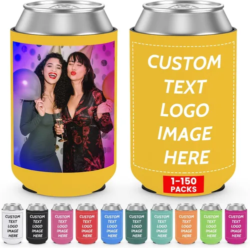 Vista 8 de Valyria Fundas enfriadoras de latas personalizadas, 1 unidad, plegable, aislante, soporte para bebidas con logotipo, imagen, texto para aniversario