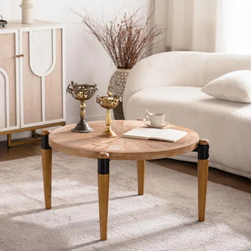 Vista 19 de KEVINSPACE Mesa auxiliar negra con borde dorado en la parte inferior, mesa de centro redonda para espacios pequeños, mesa auxiliar de madera mesita