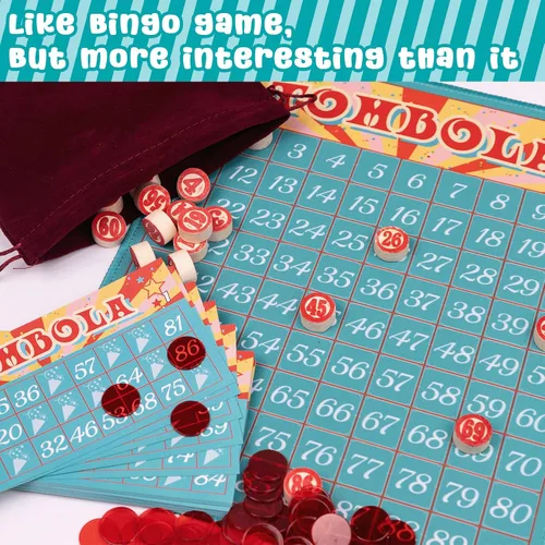 Vista 3 de Extguds Juego de bingo Tombola, Vintage Tombola italiano, lotería rusa con número 1-90 para lotería, para hasta 24 jugadores (azul)