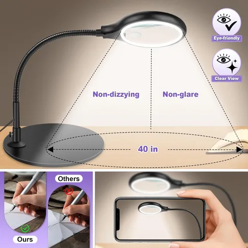 Vista 3 de NZQXJXZ Lupa de escritorio de 10 x 20 veces con luz y soporte, lámpara de aumento con 3 modos de color, luz iluminada para manualidades manos