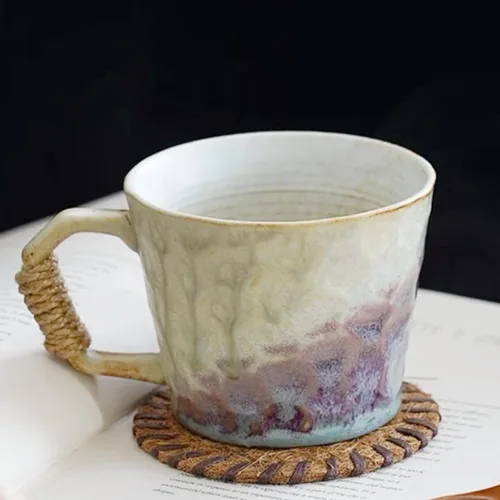 Vista 10 de Taza única de estilo vintage japonés retro primitivo, hecha a mano en cerámica con barniz libre de plomo, taza de té artesanal, cómoda asa, taza