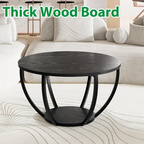 Vista 9 de HOMERECOMMEND Mesa de centro redonda, mesas de centro circulares de madera de 2 niveles con estantes de almacenamiento, mesa central decorativa