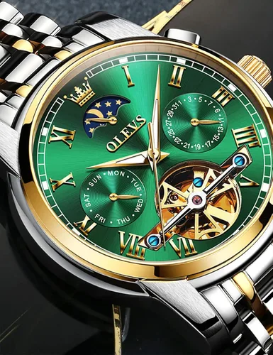Vista 6 de OLEVS Relojes automáticos de cuerda automática para hombre, fecha y día, calendario, relojes de acero inoxidable, movimiento de esqueleto