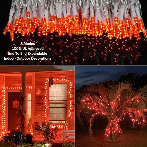 Vista 3 de Guirnalda de luces de Halloween para interiores color naranja, 320 luces LED de 114.8 ft/115 pies, 8 modos de enchufe de extremo a extremo