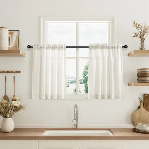 Vista 118 de Cortinas de lino verde aguamarina de 84 pulgadas de largo, juego de 2 paneles semitransparentes con bolsillo para barra para comedor, decoración