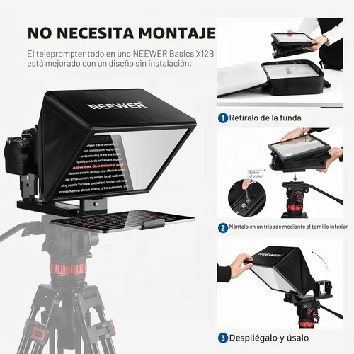 Vista 2 de NEEWER Basics X12B de aleación de aluminio teleprompter elevable de 12" para iPad Tablet DSLR Cámara, sin ensamblaje, control remoto y aplicación