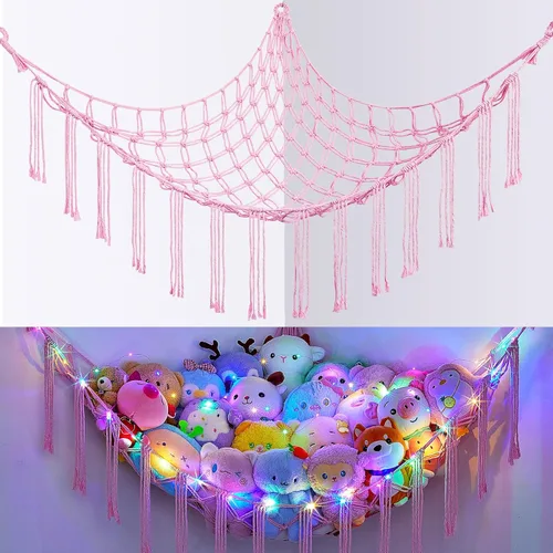 Vista 11 de Basumee Hamaca de animales de peluche con red de esquina de luz LED Crema