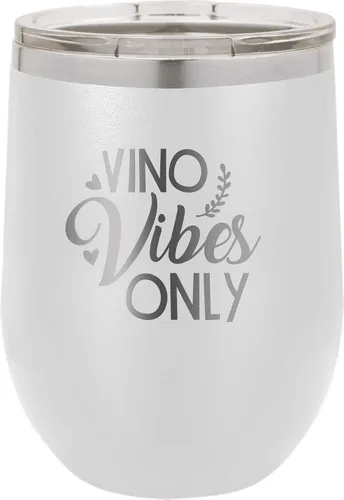 Vista 9 de CustomGiftsNow Vino Vibes Only - Stainless Steel Double-Wall Insulated 12-Ounce Truck Car Travel Coffee Cup Wine Tumbler Mug with Lid Light Blue