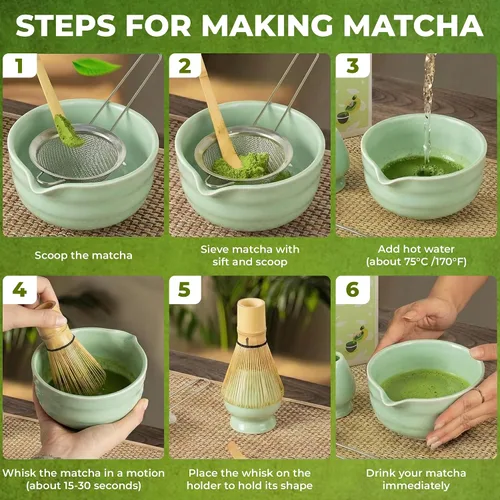Vista 4 de Juego de batidor Matcha – Kit tradicional de 5 piezas con cuenco de cerámica que incluye batidor de bambú, cuchara, tamiz y soporte para batidor