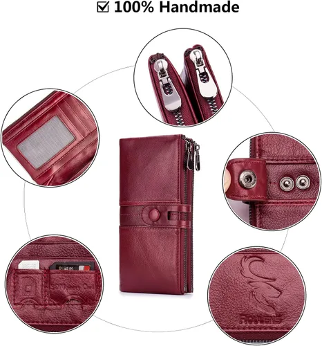 Vista 5 de ROULENS - Billetera de cuero genuino para mujer, con tarjetero, compartimiento para celular, chequera, monedero, con cremallera, cartera Rfid, L