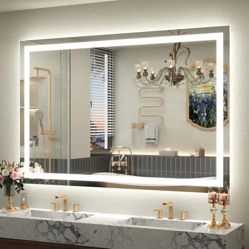 Vista 13 de Espejo de baño LED iluminado de 30 x 30 pulgadas para pared, espejo cuadrado de tocador con luces, regulable, antivaho, a prueba de roturas