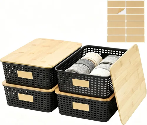 Vista 15 de Bagnizer Contenedores pequeños de plástico con tapas de bambú de 5.2 cuartos de galón, cesta apilable para despensa, contenedores decorativos lindos