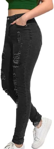 Vista 2 de Andongnywell - Pantalones de mezclilla ajustados para mujer, talla grande, elásticos, desgastados, rasgados, cintura alta, con agujeros destruidos
