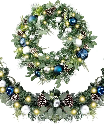 Vista 2 de WANNA-CUL Guirnalda de Navidad preiluminada de 9 pies con luces, 50 esferas 01-plateado azul