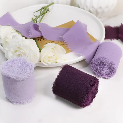 Vista 5 de Cinta de gasa de seda con flecos de 1-1/2 pulgadas x 16.5 yardas, 3 rollos de cintas hechas a mano para envoltura de regalos, invitaciones de boda