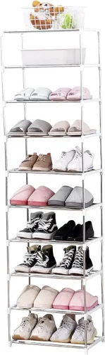 Vista 14 de Jucaifu - Estante pequeño apilable para zapatos, ahorro de espacio para entrada, pasillo y armario, organizador y almacenamiento (3 niveles, negro)