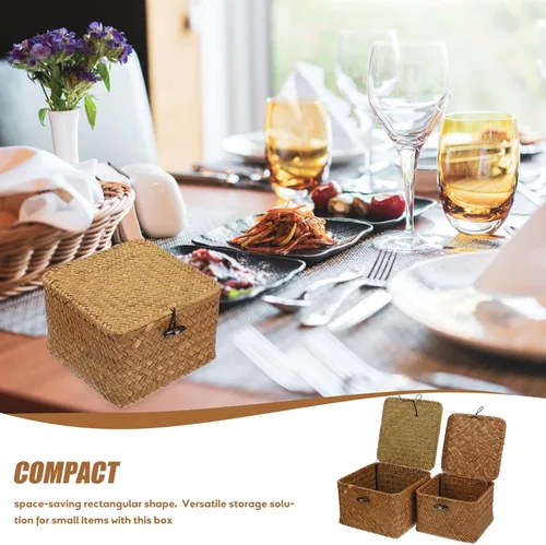 Vista 7 de Yardwe Cesta de almacenamiento tejida rectangular de la cubierta de la caja del tejido del pañuelo-ahorro de espacio