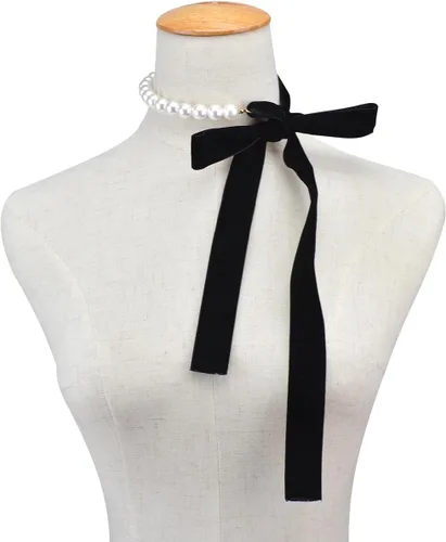 Vista 2 de AKOAK 1 paquete de collar de lazo negro vintage con lazo de perlas, longitud ajustable, elegante collar de joyería único, cadena de suéter