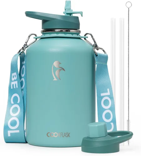 Vista 14 de Botella de agua Coolflask de 40 onzas con correa, botella de agua metálica aislada con popote y tapas con pico, acero inoxidable de doble pared al
