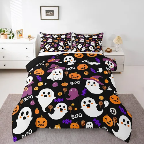 Vista 30 de Feelyou Juego de edredón de Halloween, color rosa fantasma, juego de ropa de cama tamaño individual, decoración para niños y niñas, lindo juego
