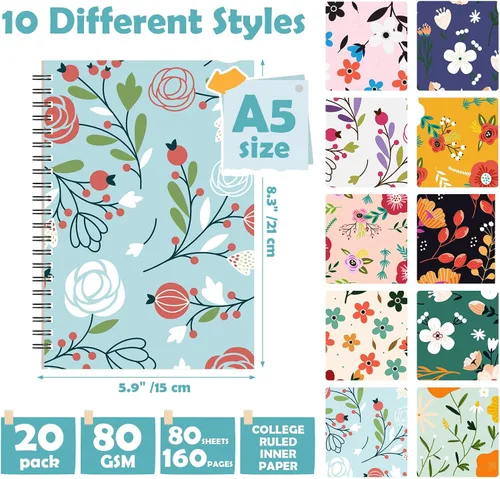Vista 2 de Kosiz 20 cuadernos florales en espiral A5 forrados para mujeres, 8.3 x 5.9 pulgadas, flor de 0.315 in, con rayas universitarias de doble alambre