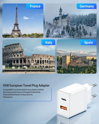 Vista 6 de adaptador europeo del enchufe del viaje 45W, cargador rápido del USB C del convertidor de corriente de 2 puertos Accessories for Europe trips, For