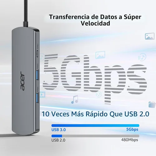 Vista 5 de acer 6 en 1 USBC Hub con Ethernet, 4K @60Hz USBC a HDMI Multiport Adapter 2*USB-A 3.0 & 1*USB-C 3.0 Data Ports, 100W PD Port, USB C Dongle for