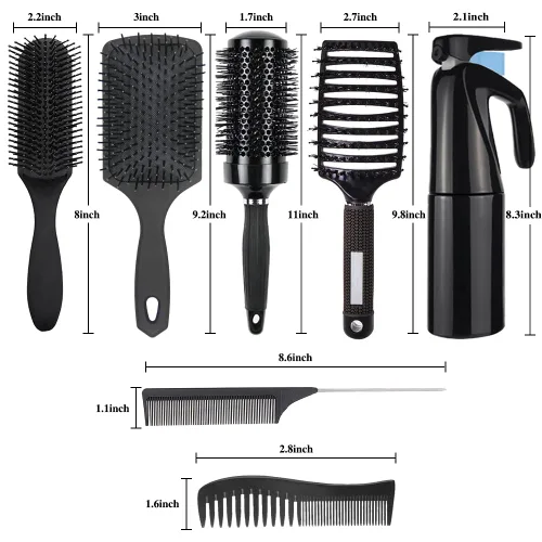 Vista 5 de Juego de 8 cepillos de pelo rizado, cepillos para el cabello para mujer, cepillo redondo para secar con soplado, cepillo de pala, apto para Negro