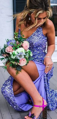 Vista 3 de Vestidos de fiesta de sirena con lentejuelas y tirantes delgados, sexy, para mujer, con abertura, cuello en V, vestidos formales de fiesta