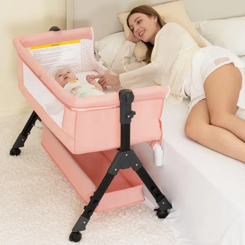 Vista 7 de BCOL Moisés de bebé, moisés de noche para bebé, cuna 3 en 1 con ruedas, mosquitero, ajustable y fácil de plegar portátil para bebés recién nacidos