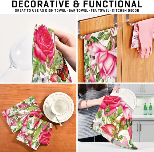 Vista 7 de Botanical Roses Butterflies Retro Tea Towels, 28x18 Absorbent Kitchen Towel Cute